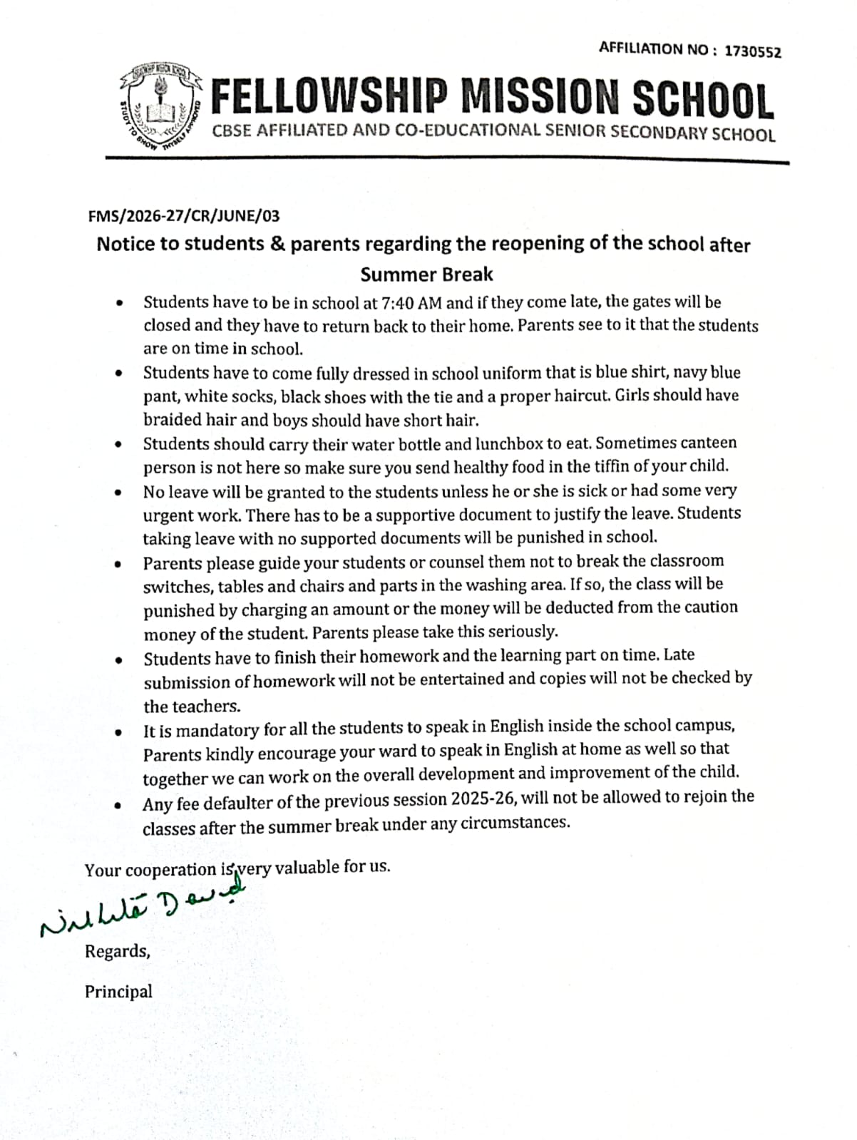 Reopening of the school after summer break