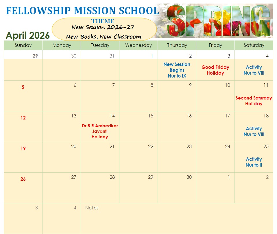 Academic Calendar of Month April 2026