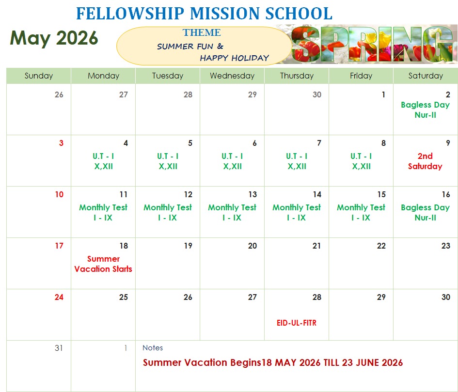 Academic Calendar of Month May 2026