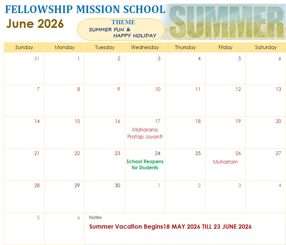 Academic Calendar of Month June 2026